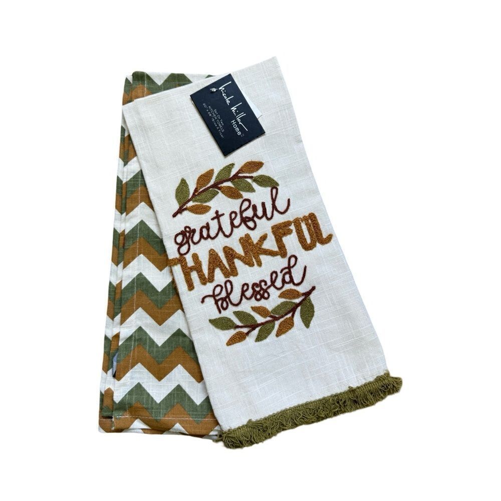 Nicole Miller Home Tankful Grateful Blessed Set Plaid Dishtowels 100% Cotton NWT